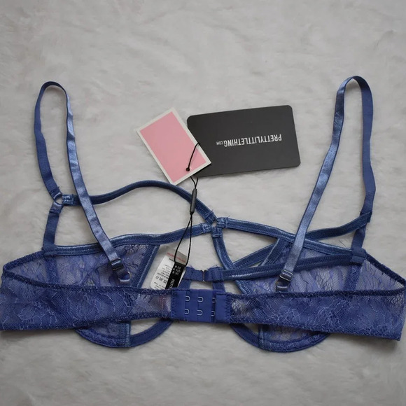 NWT PrettyLittleThing Sz M Purple Lace Asymmetric Strapping Detail Underwire Bra - Picture 4 of 10